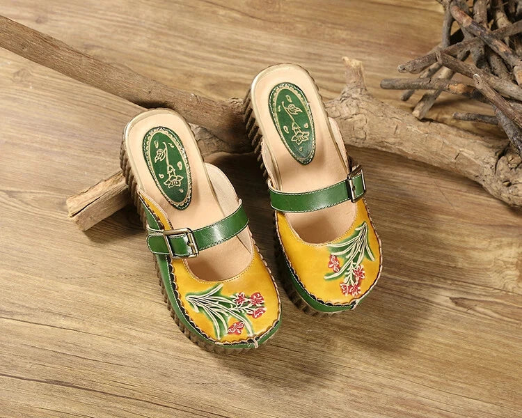 Wedge Slides Shoes Women Buckle Flower Cut Out Summer Leather Platform Slippers
