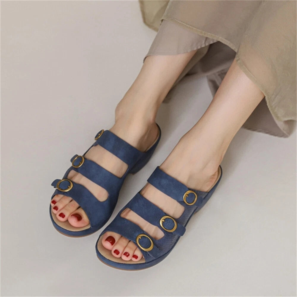 Women's Platform Chunky Heel Roman Clog Sandals Fashion Buckle Cut Out Slides