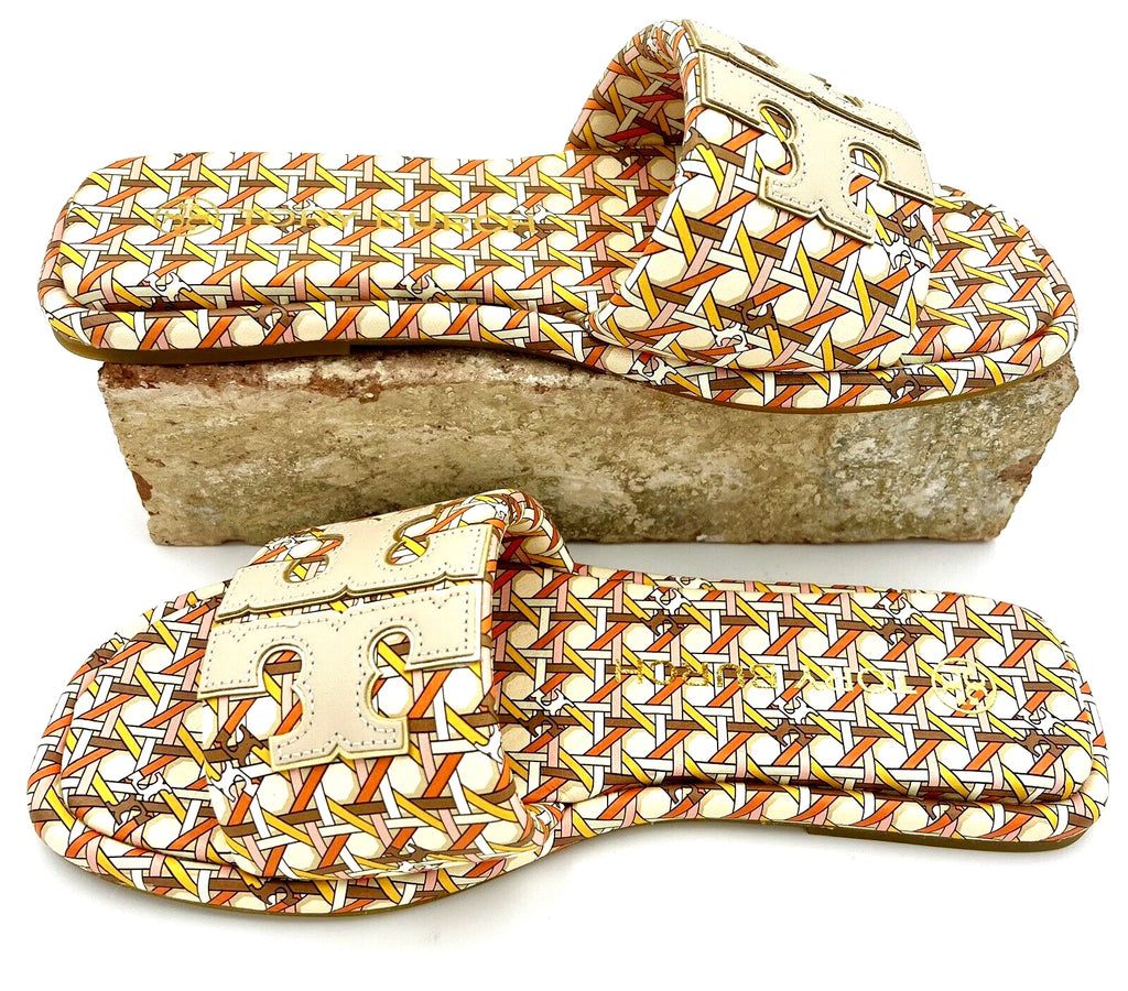 TORY BURCH DOUBLE T SPORT SLIDE SANDAL LEATHER MULTI PINK CANING/LOGO SZ 7.5 NIB