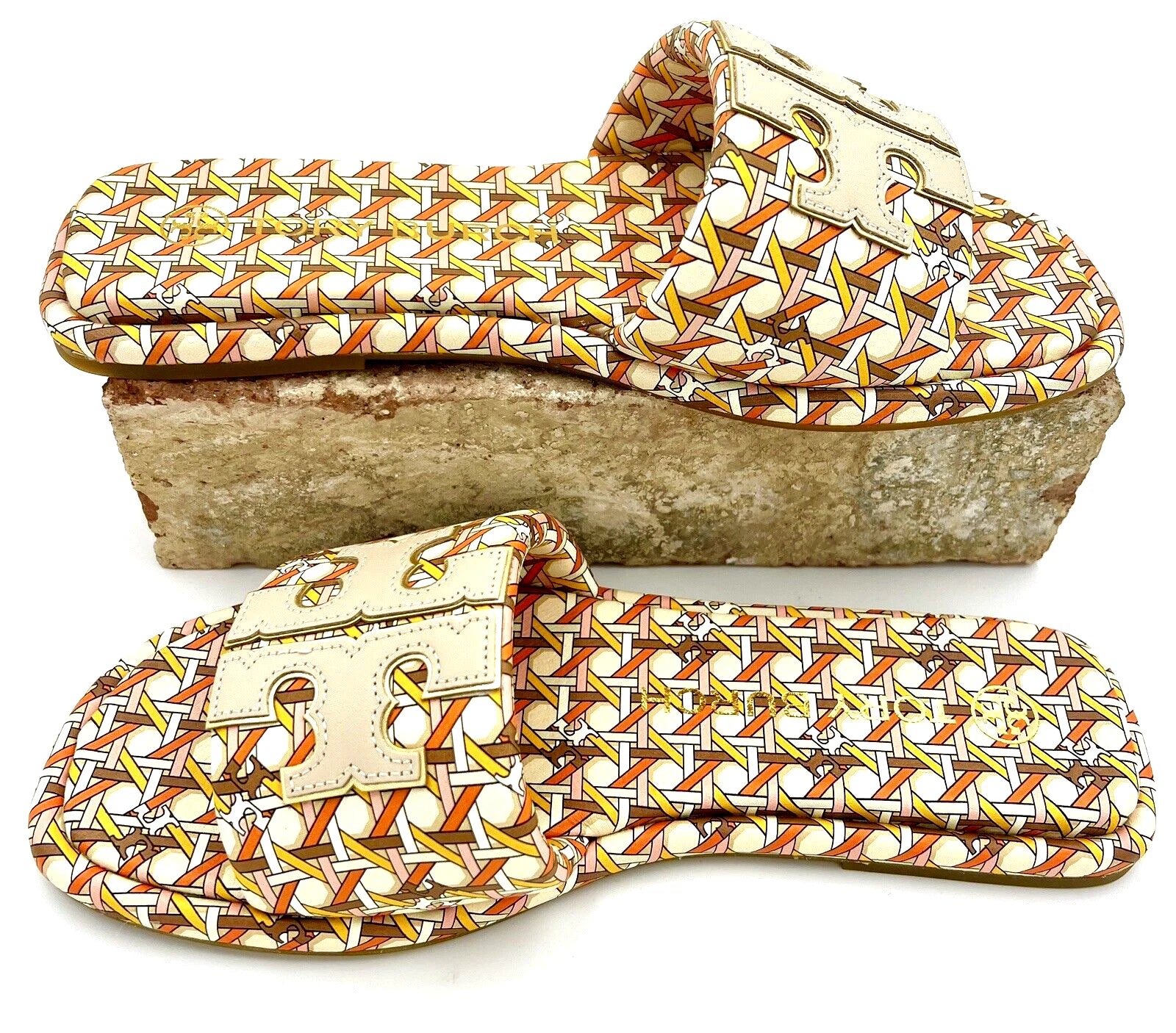 TORY BURCH DOUBLE T SPORT SLIDE SANDAL LEATHER MULTI PINK CANING/LOGO SZ 7.5 NIB