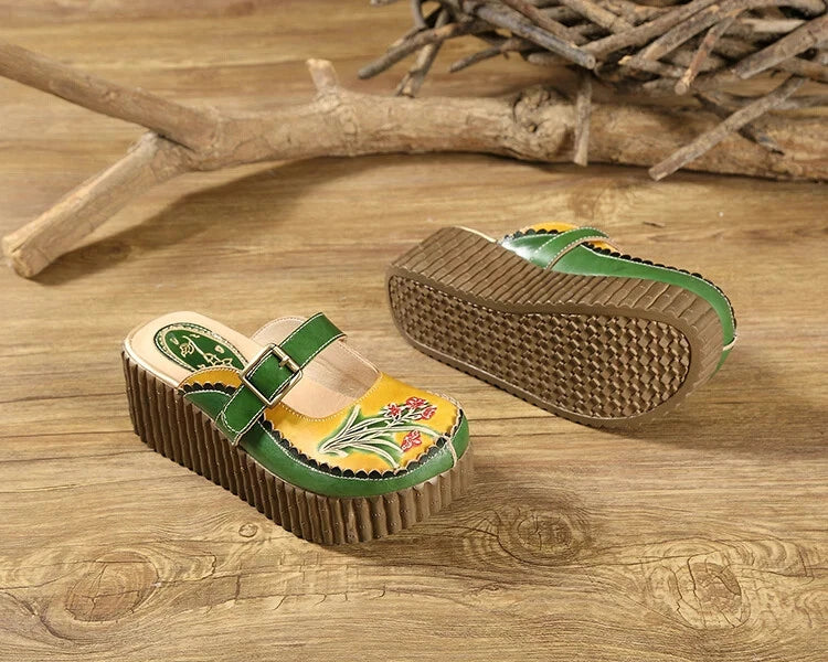 Wedge Slides Shoes Women Buckle Flower Cut Out Summer Leather Platform Slippers
