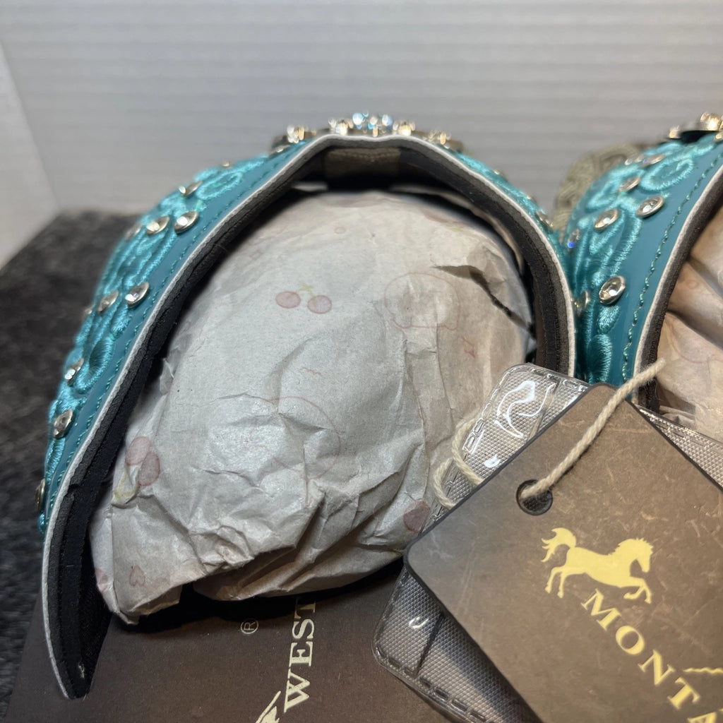 Montana West Teal Scroll Rhinestones/Studs Western Style Wedge Sandals Sz11-11.5