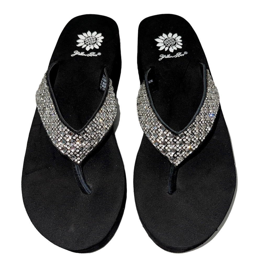 Yellow Box Flip Flops Womens 6.5 Black Clear Rhinestone Wedge Sandals Scalia