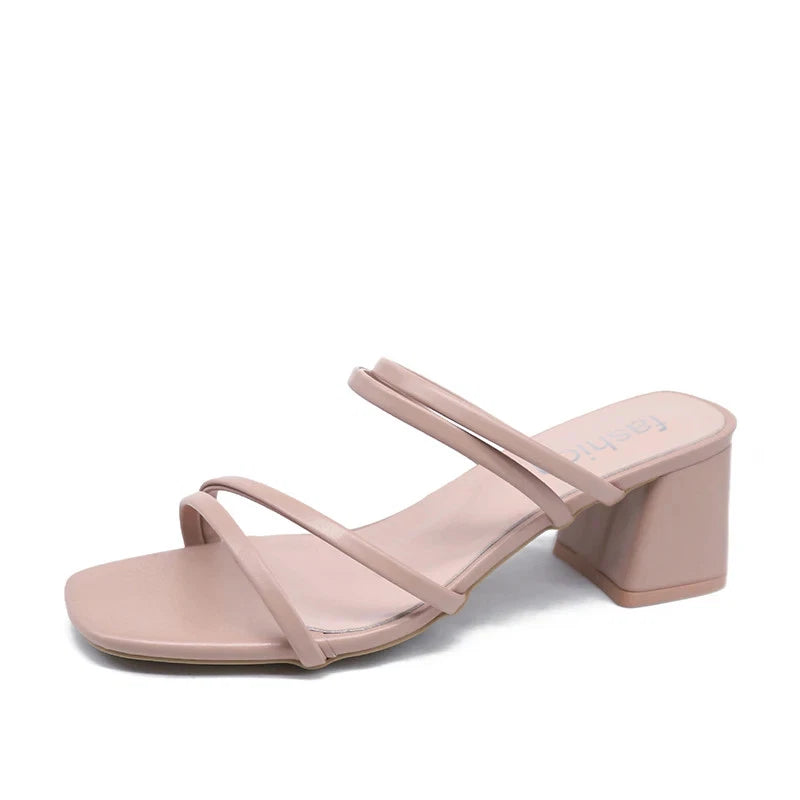 Women Sandal Square Heel Elegant Summer Slipper Outside CrossTied Leather Slides