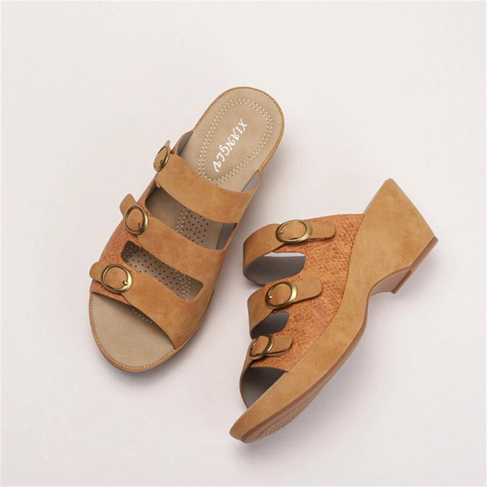 Women's Platform Chunky Heel Roman Clog Sandals Fashion Buckle Cut Out Slides