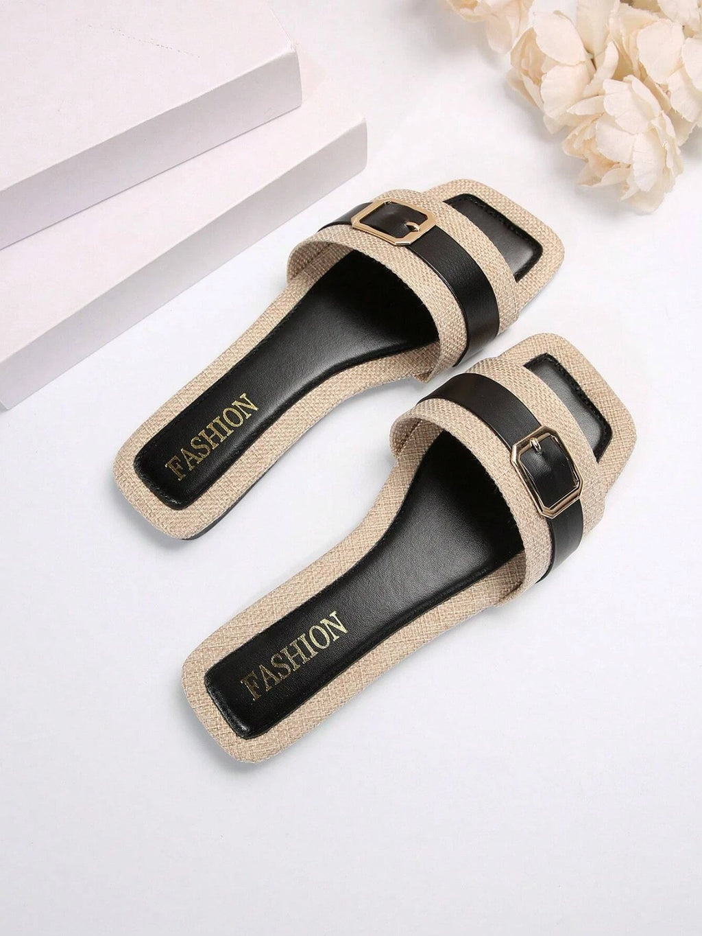 Women’s Summer Flat Sandals Square Toe Slip On Non-Slip Beach Slides Casual"