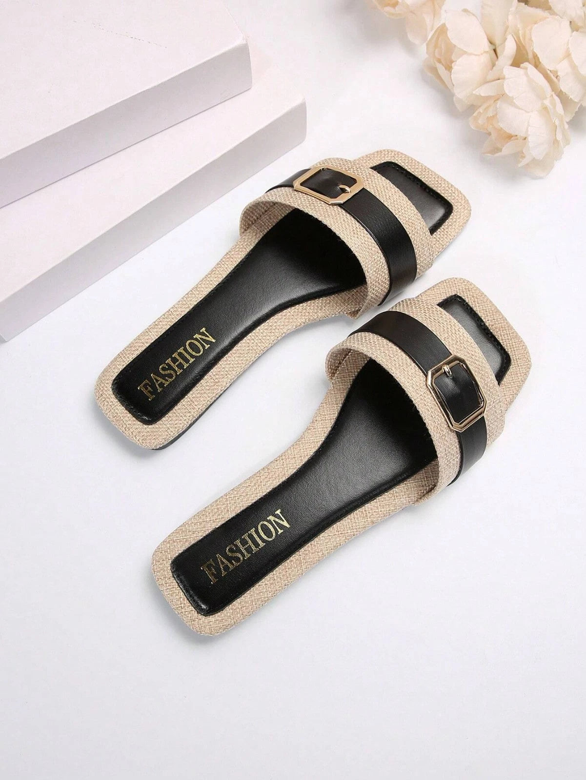 Women’s Summer Flat Sandals Square Toe Slip On Non-Slip Beach Slides Casual"