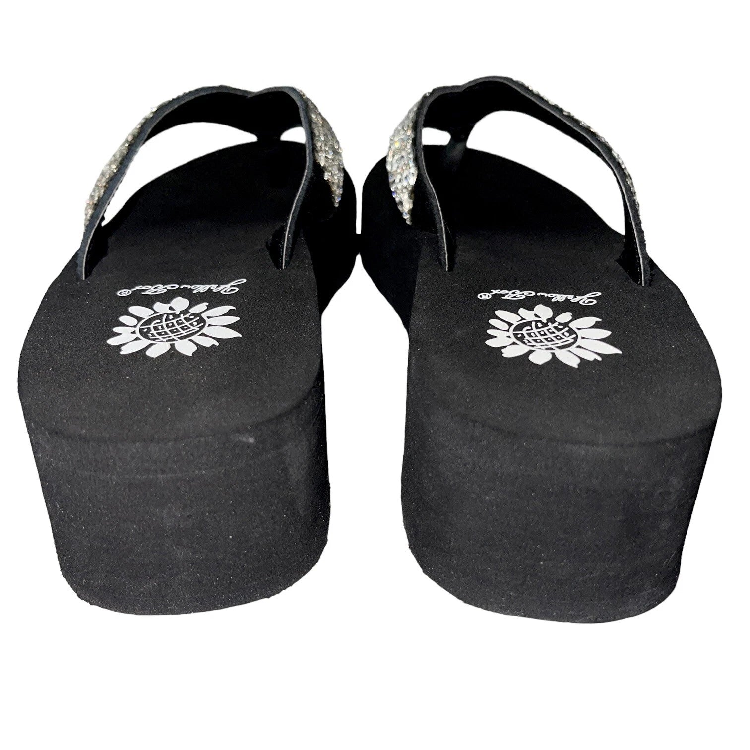 Yellow Box Flip Flops Womens 6.5 Black Clear Rhinestone Wedge Sandals Scalia