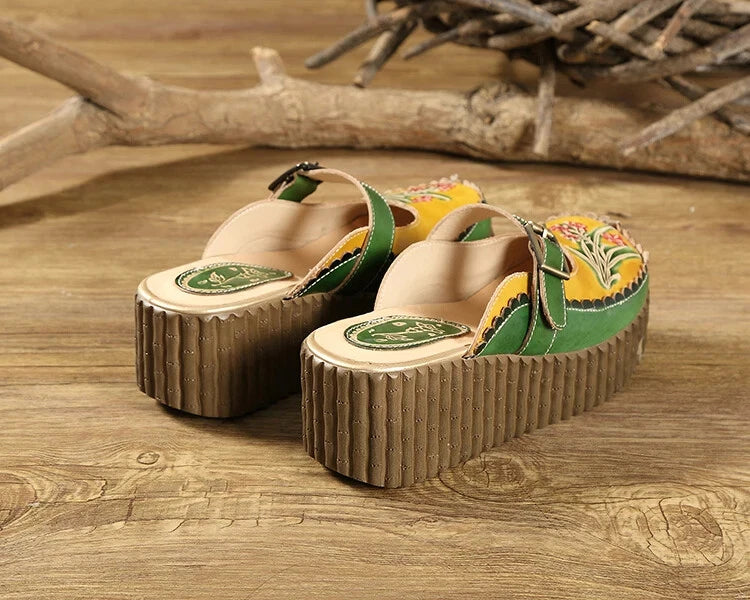Wedge Slides Shoes Women Buckle Flower Cut Out Summer Leather Platform Slippers