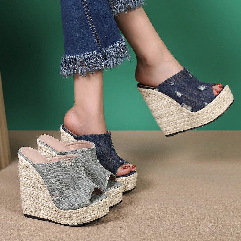 Women's Hemp Rope Weaving High Wedge Heel Slip On Slippers Denim Jeans Hole Mule