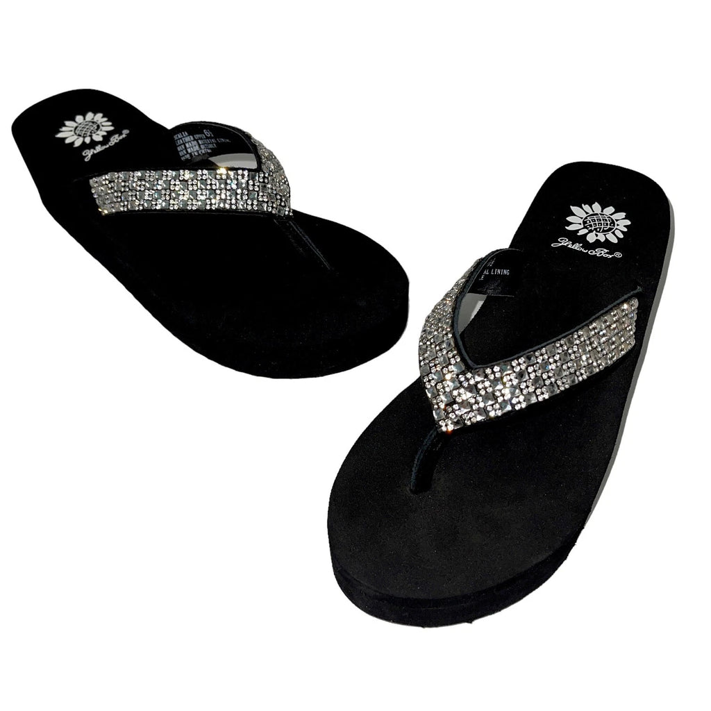 Yellow Box Flip Flops Womens 6.5 Black Clear Rhinestone Wedge Sandals Scalia