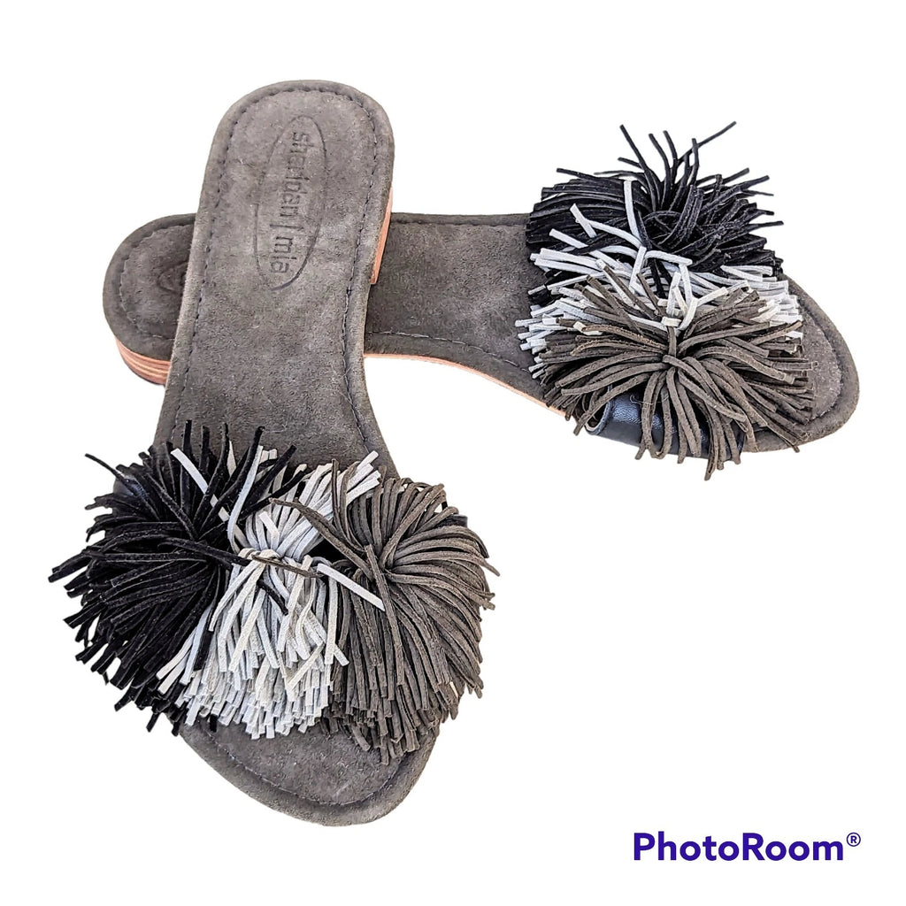 NEW SHERIDAN MIA SUMMER Gray Suede Tassel Fringe POM POM Slide Sandals Wms Sz 37