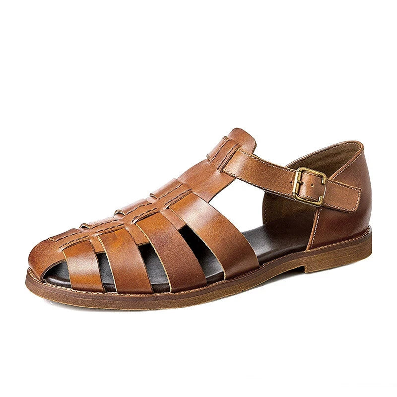 Roman Style Closed Toe Sandals Hollow Out Buckle Real Leather Men's Shoes Casual