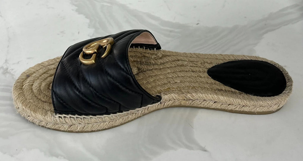 🖤 GUCCI Black Nappa Matelasse Gold GG Marmont Espadrille Slide Sandals 10 US 41