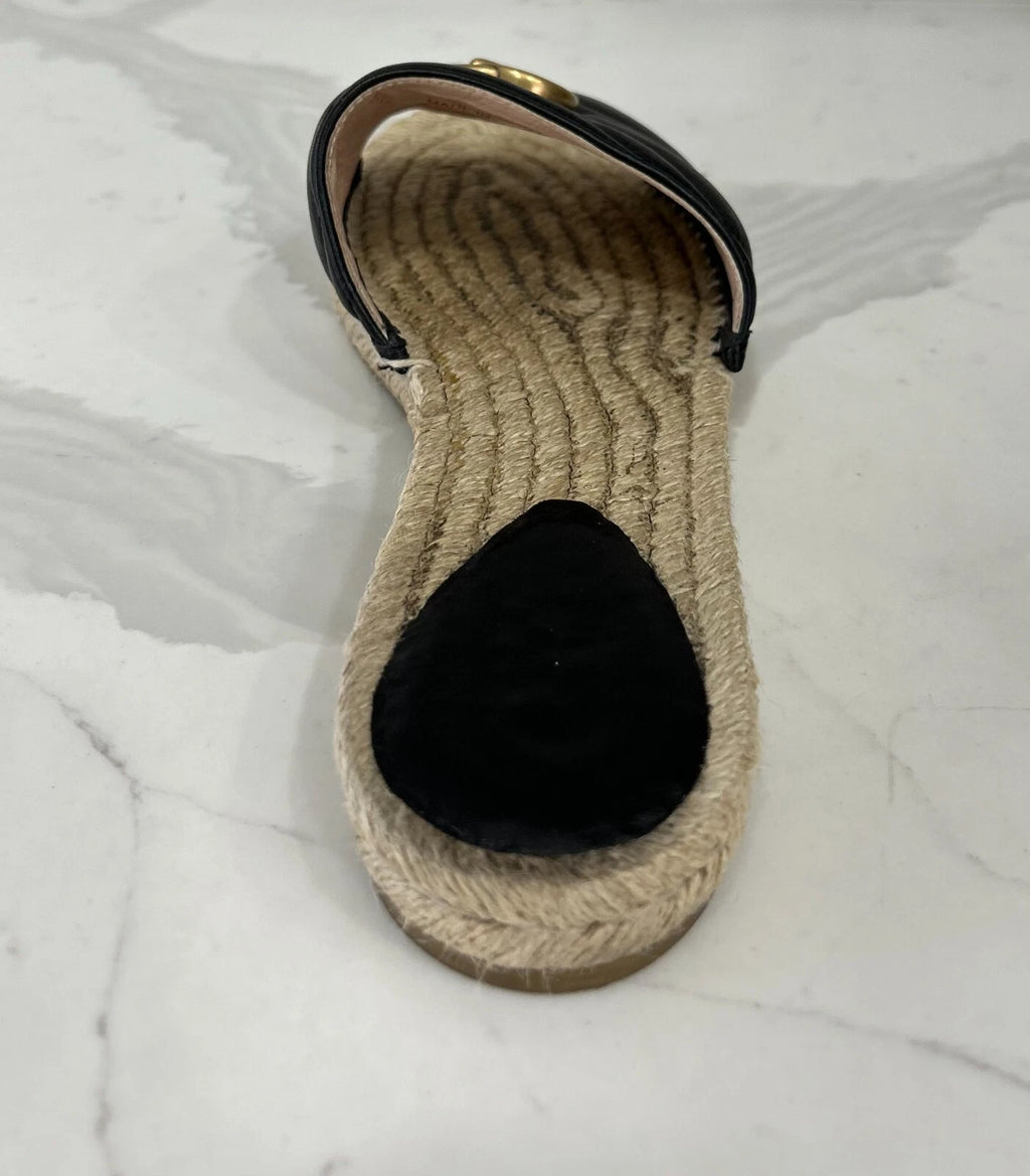 🖤 GUCCI Black Nappa Matelasse Gold GG Marmont Espadrille Slide Sandals 10 US 41