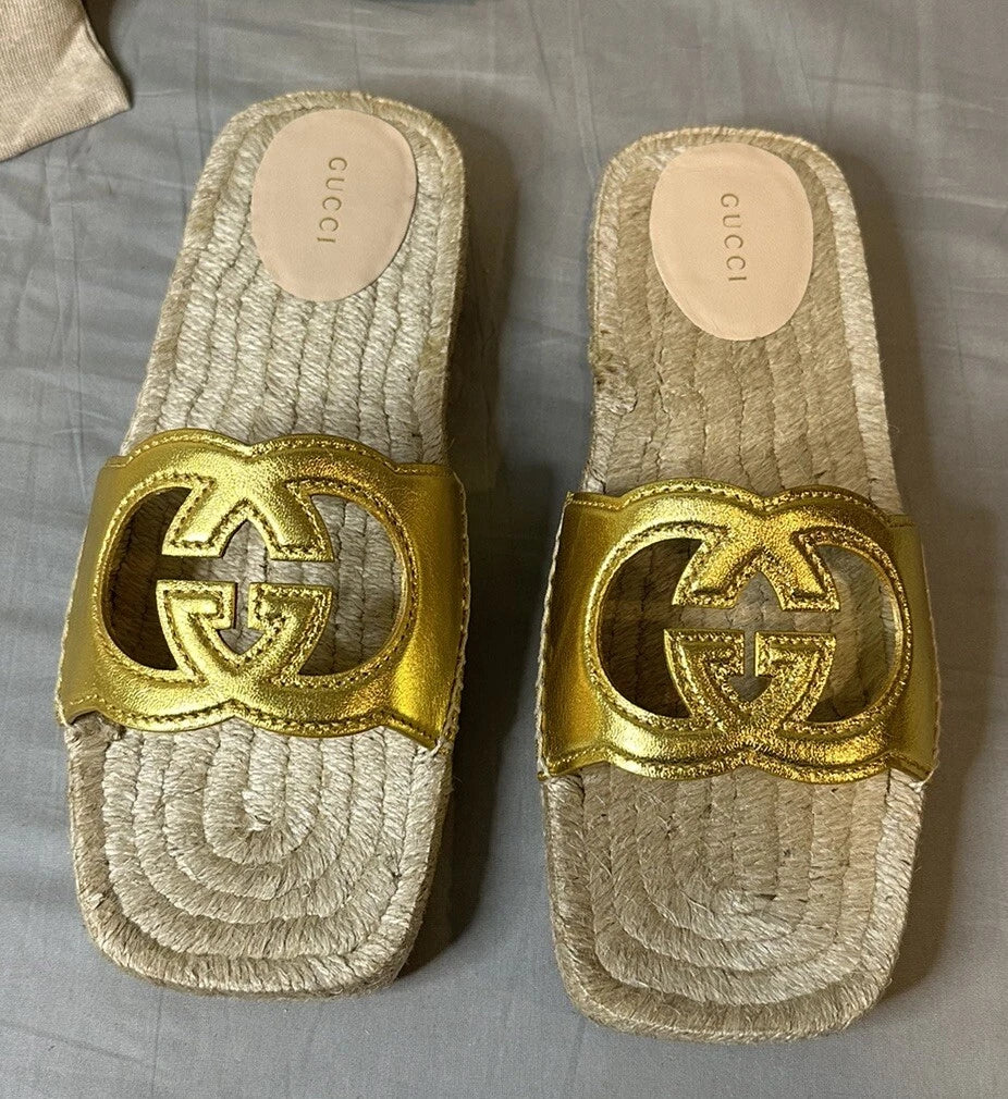 Gucci Interlocking G Cut Out Espadrille Sandals Women Size 39.5 (US 9.5) Authent