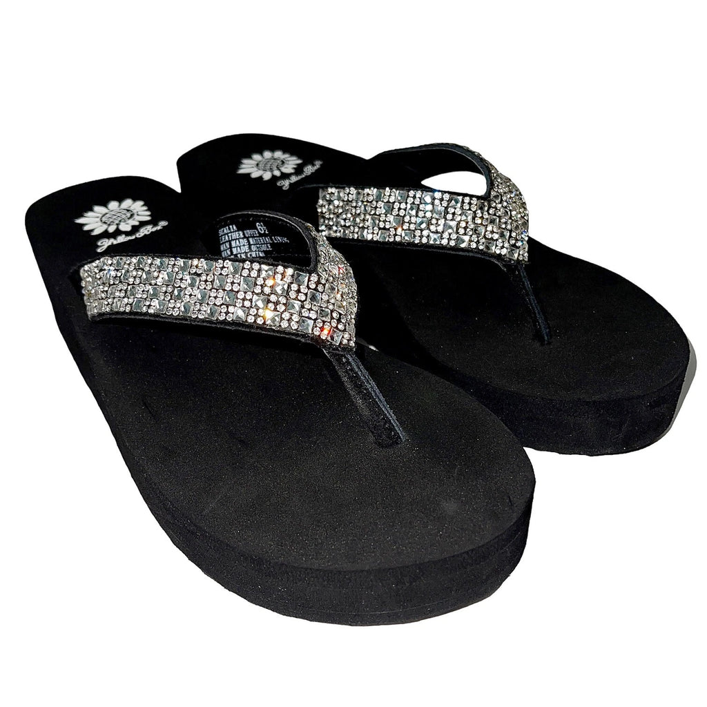Yellow Box Flip Flops Womens 6.5 Black Clear Rhinestone Wedge Sandals Scalia