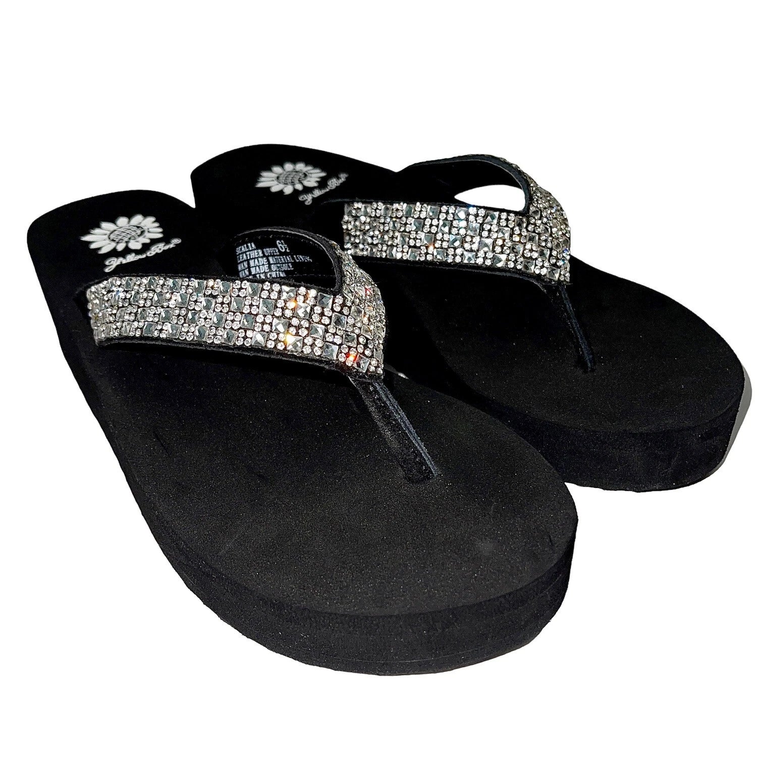 Yellow Box Flip Flops Womens 6.5 Black Clear Rhinestone Wedge Sandals Scalia