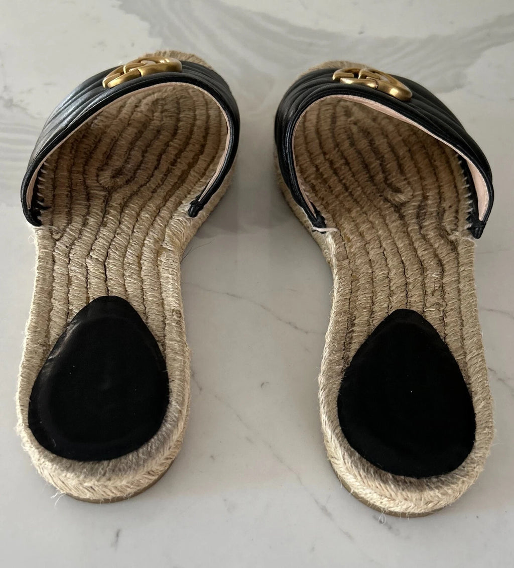 🖤 GUCCI Black Nappa Matelasse Gold GG Marmont Espadrille Slide Sandals 10 US 41