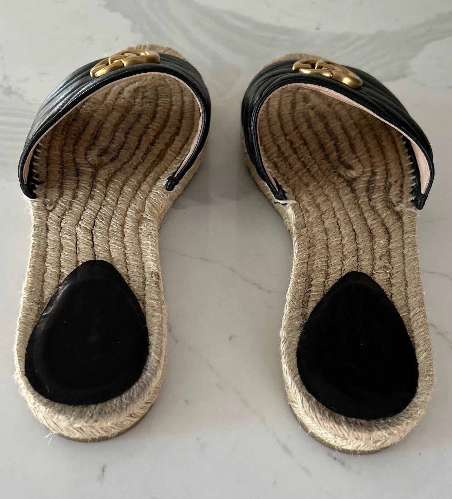 🖤 GUCCI Black Nappa Matelasse Gold GG Marmont Espadrille Slide Sandals 10 US 41