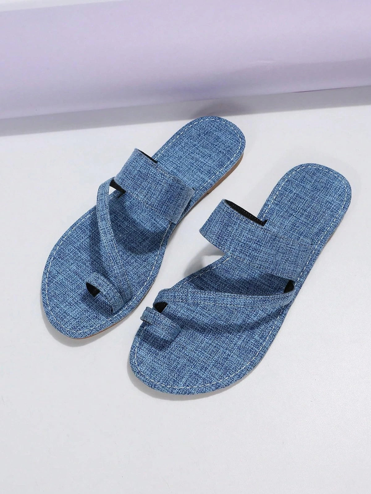 Women's Denim Jean Sandals Cute Dressy Toe Ring Strappy Slip on Slide Flats S...