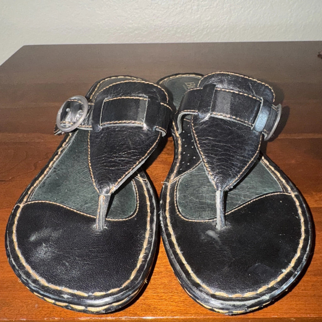 Born Handcrafted Black Leather Comfort Thong Sandals Adjustable Strap sz 8, 39