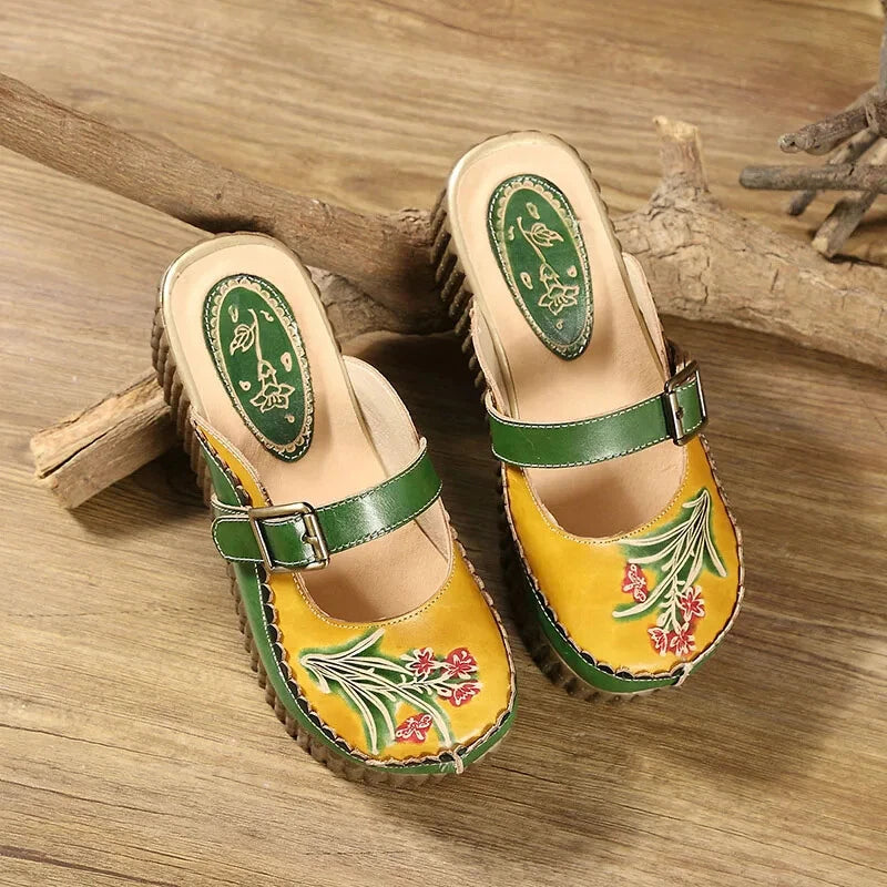Wedge Slides Shoes Women Buckle Flower Cut Out Summer Leather Platform Slippers
