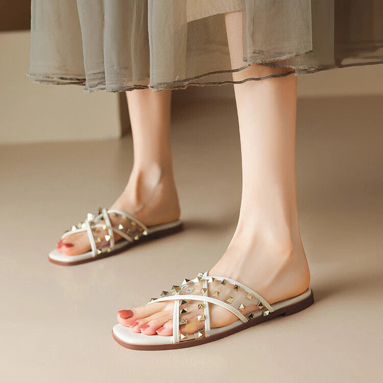 Womens Fashion Transparent Studs Crossover Beach Slipper Sandal Shoes Mules b95