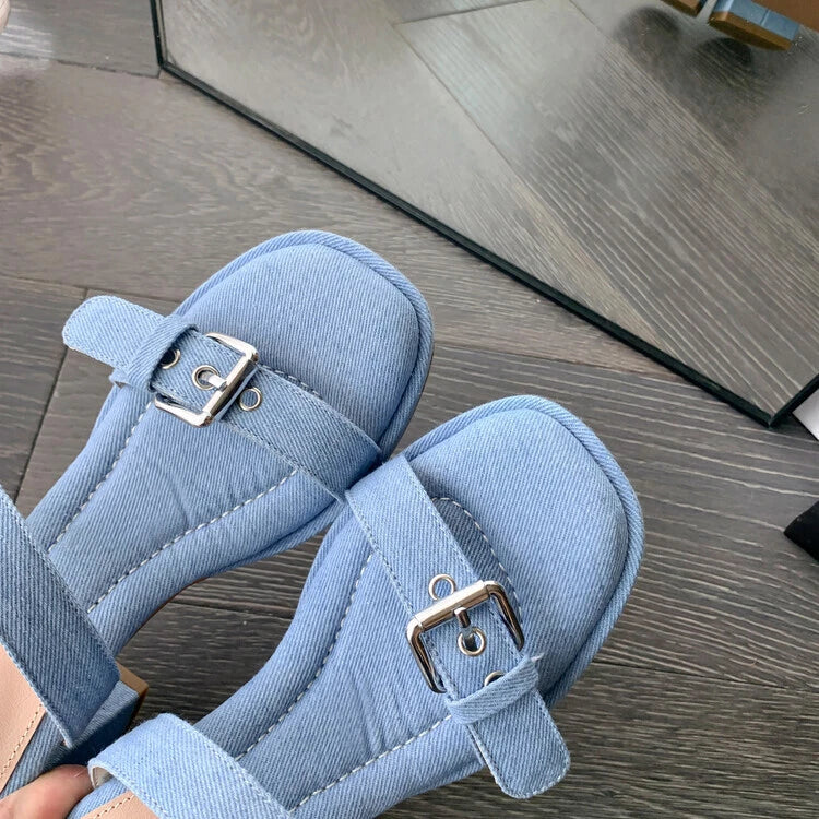 Women's Fashion Denim Buckle Straps Open Toe Block Heel Sandal Shoes Mules SUNS