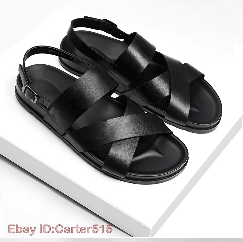 Open Toe Sandals Slingbacks Buckle Real Leather Men's Beach Shoes Roman Style 43