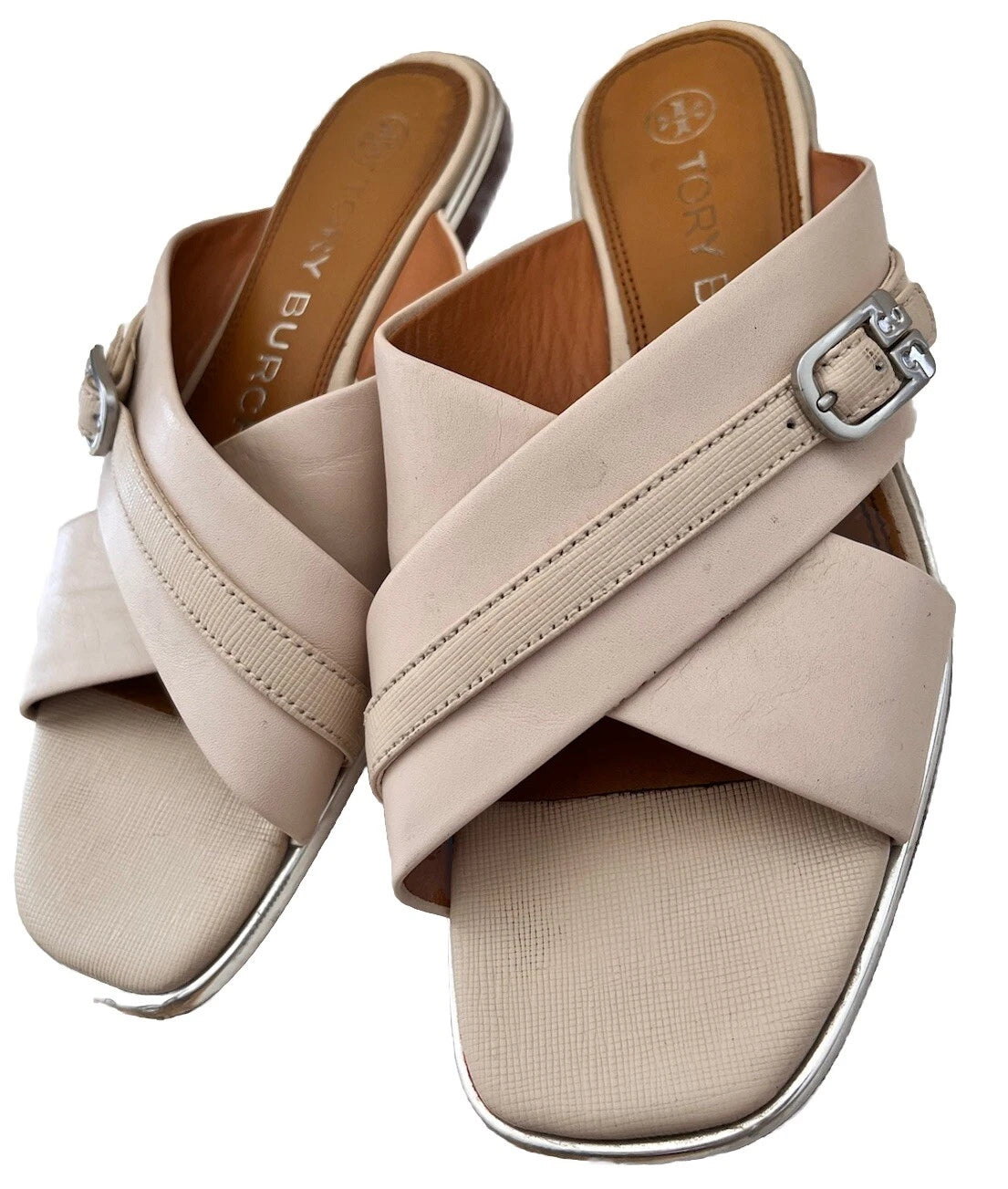 $248 Tory Burch DELANEY Crisscross Flat Slides Sandals Bone Silver Logo Size 6