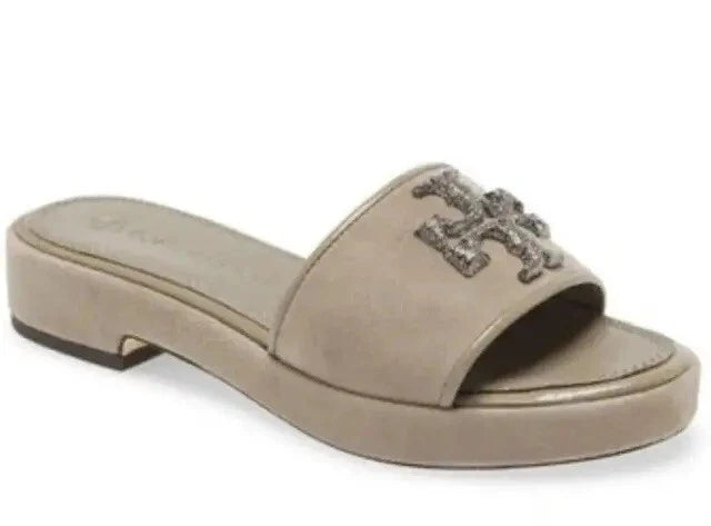 TORY BURCH ELEANOR HEELED SLIDE CRYSTAL LOGO GRAY HERON SUEDE SZ US 8 NIB