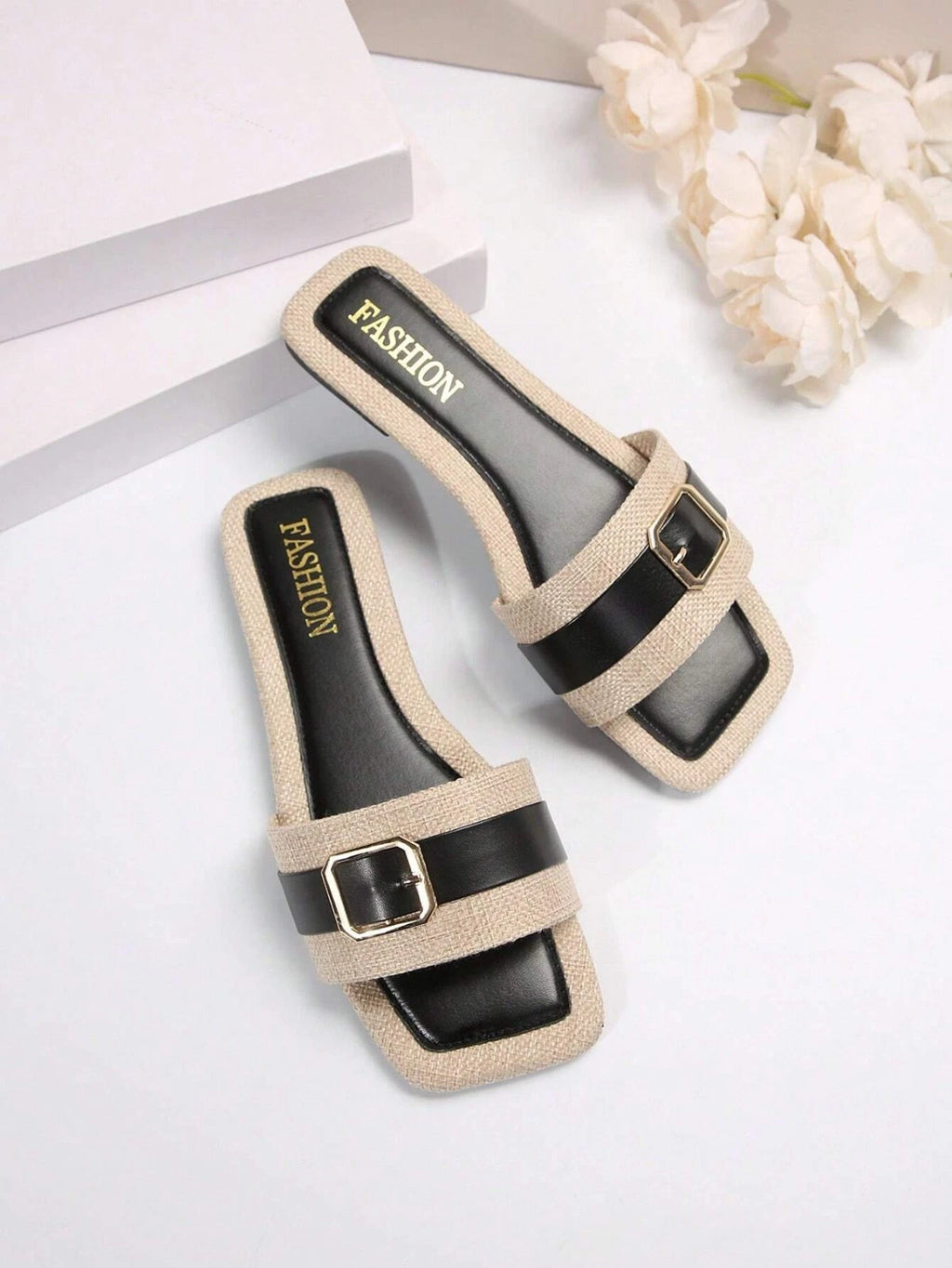 Women’s Summer Flat Sandals Square Toe Slip On Non-Slip Beach Slides Casual"