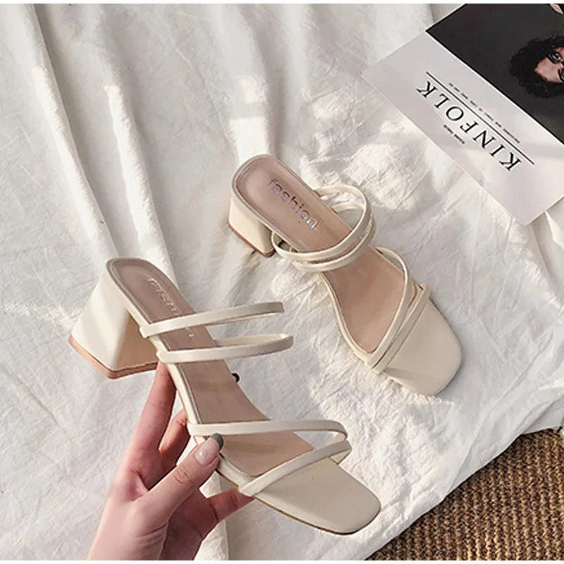 Women Sandal Square Heel Elegant Summer Slipper Outside CrossTied Leather Slides