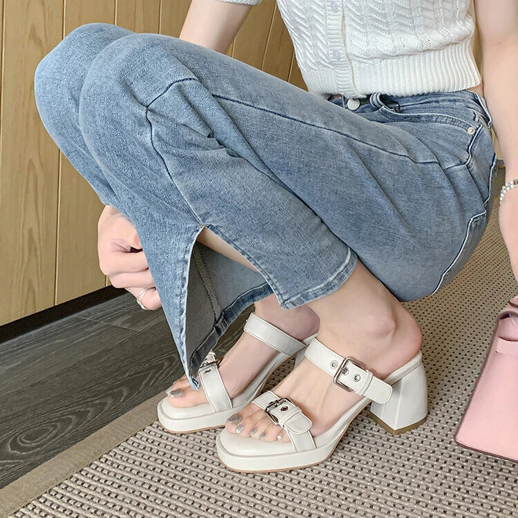 Women's Fashion Denim Buckle Straps Open Toe Block Heel Sandal Shoes Mules SUNS