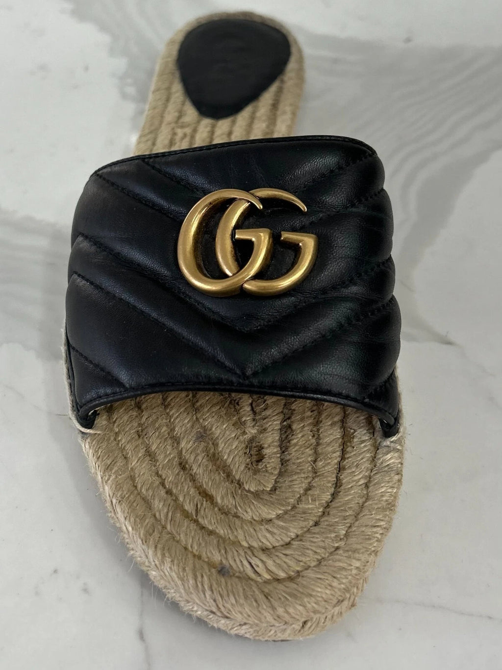 🖤 GUCCI Black Nappa Matelasse Gold GG Marmont Espadrille Slide Sandals 10 US 41