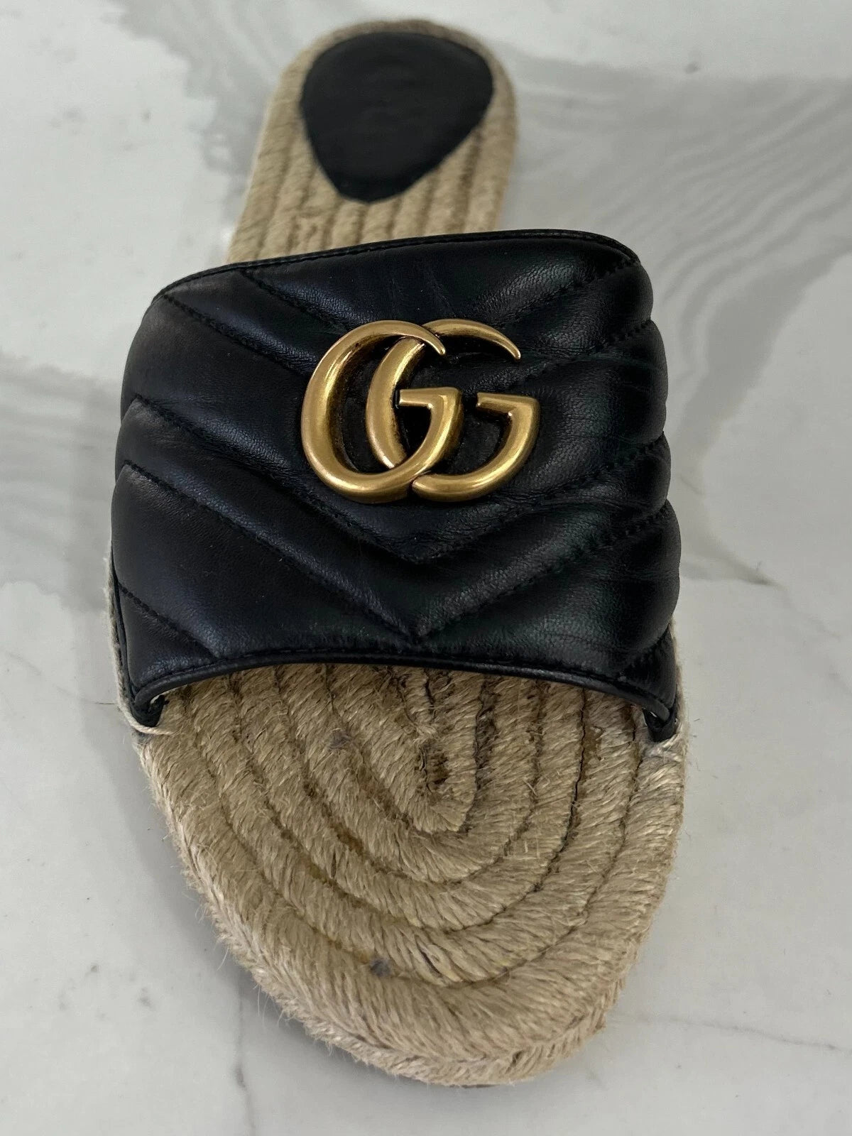 🖤 GUCCI Black Nappa Matelasse Gold GG Marmont Espadrille Slide Sandals 10 US 41