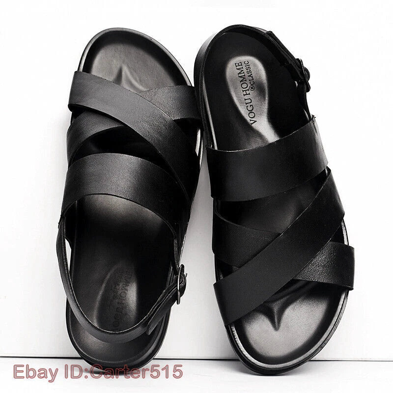 Open Toe Sandals Slingbacks Buckle Real Leather Men's Beach Shoes Roman Style 43