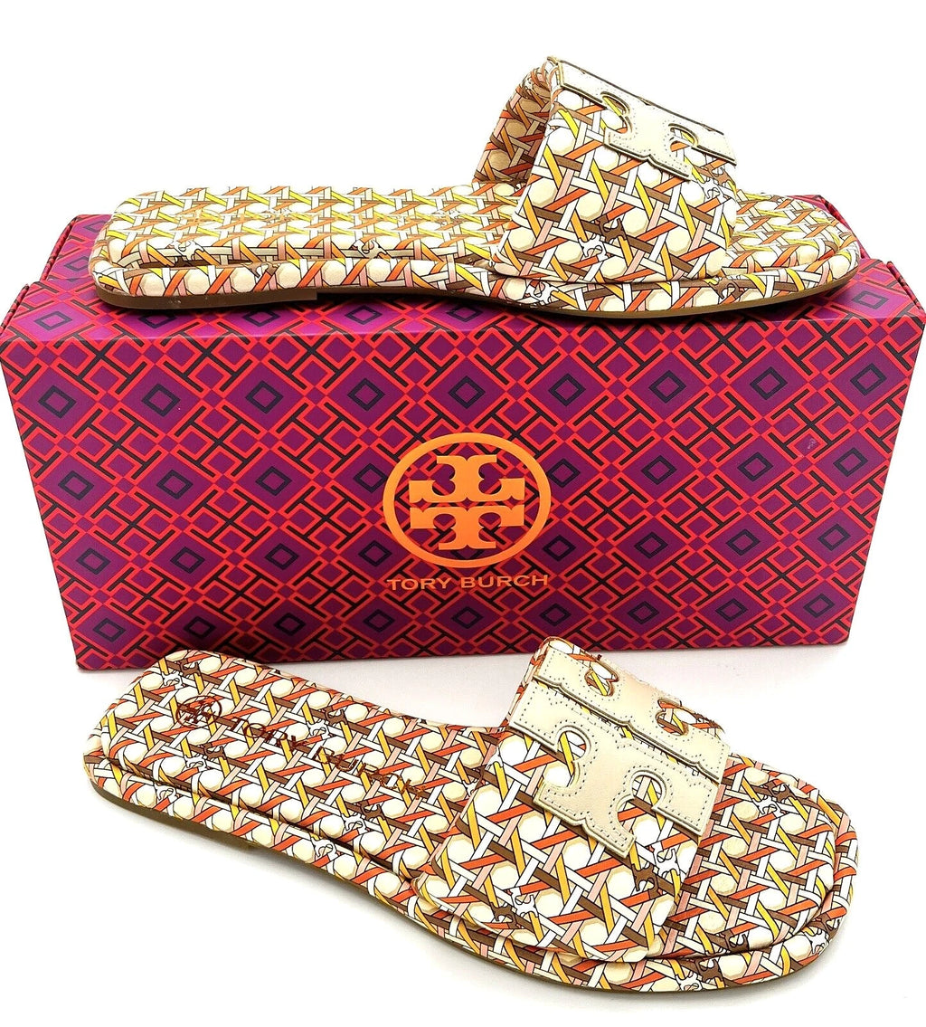 TORY BURCH DOUBLE T SPORT SLIDE SANDAL LEATHER MULTI PINK CANING/LOGO SZ 7.5 NIB