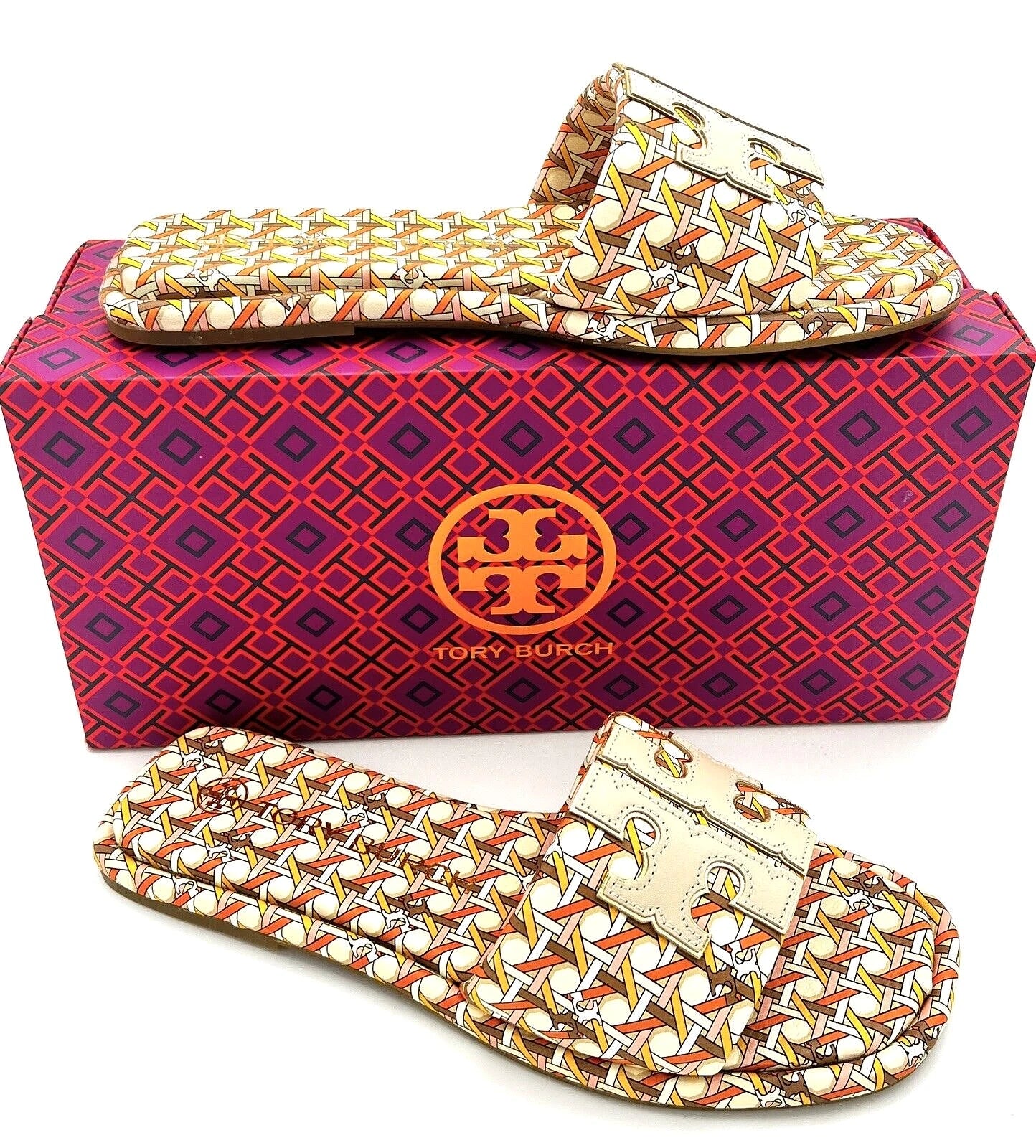 TORY BURCH DOUBLE T SPORT SLIDE SANDAL LEATHER MULTI PINK CANING/LOGO SZ 7.5 NIB
