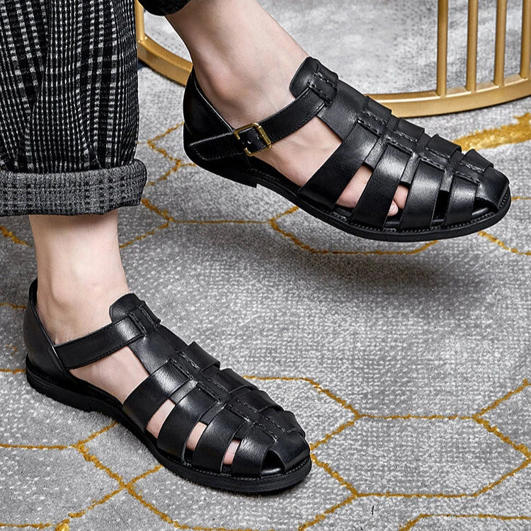 Roman Style Closed Toe Sandals Hollow Out Buckle Real Leather Men's Shoes Casual