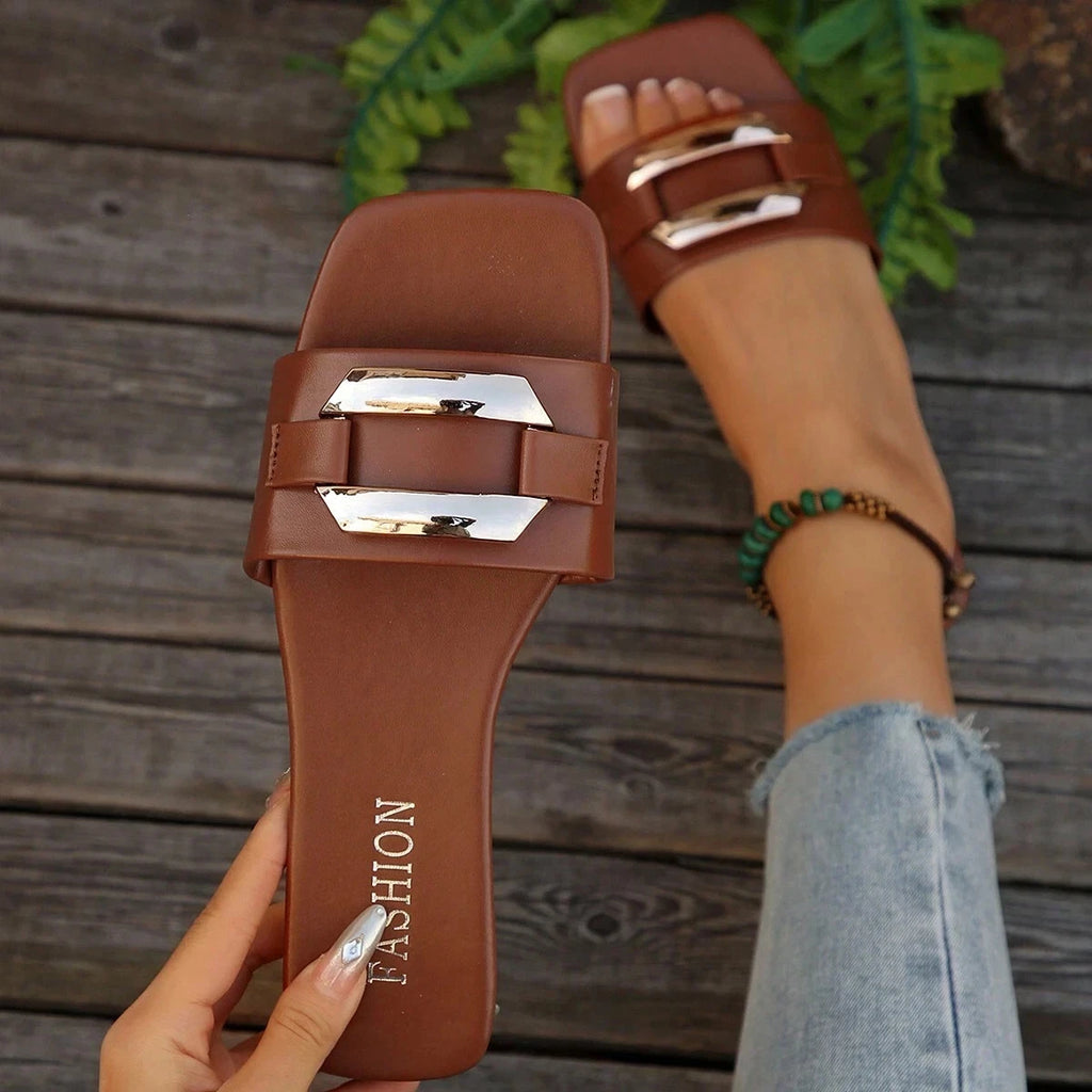 Women’s Summer Flat Sandals Square Toe Slip On Non-Slip Beach Slides Casual"