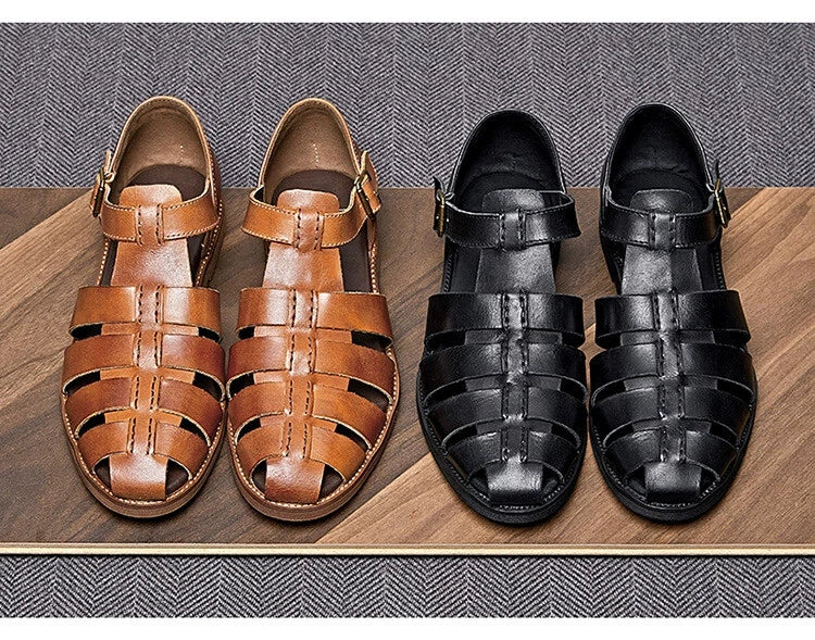 Roman Style Closed Toe Sandals Hollow Out Buckle Real Leather Men's Shoes Casual
