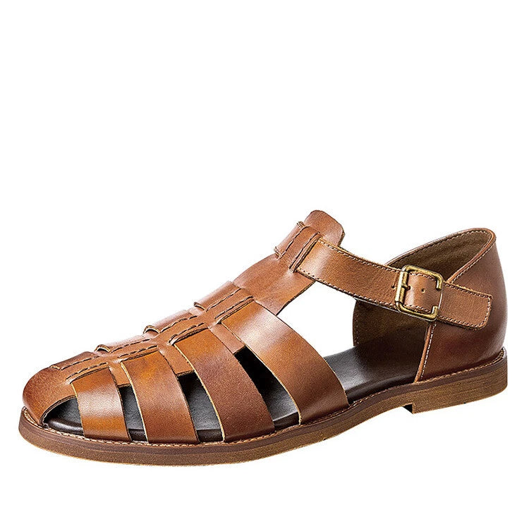 Roman Style Closed Toe Sandals Hollow Out Buckle Real Leather Men's Shoes Casual