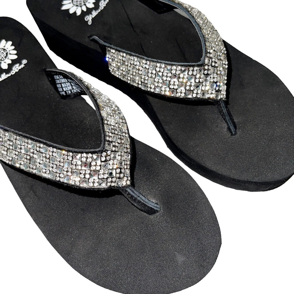 Yellow Box Flip Flops Womens 6.5 Black Clear Rhinestone Wedge Sandals Scalia