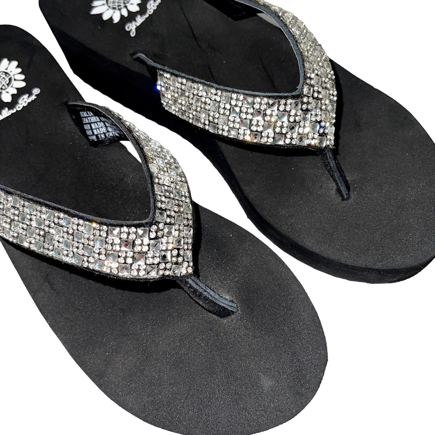 Yellow Box Flip Flops Womens 6.5 Black Clear Rhinestone Wedge Sandals Scalia