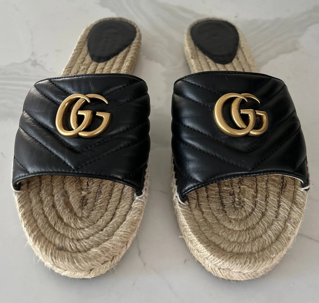 🖤 GUCCI Black Nappa Matelasse Gold GG Marmont Espadrille Slide Sandals 10 US 41