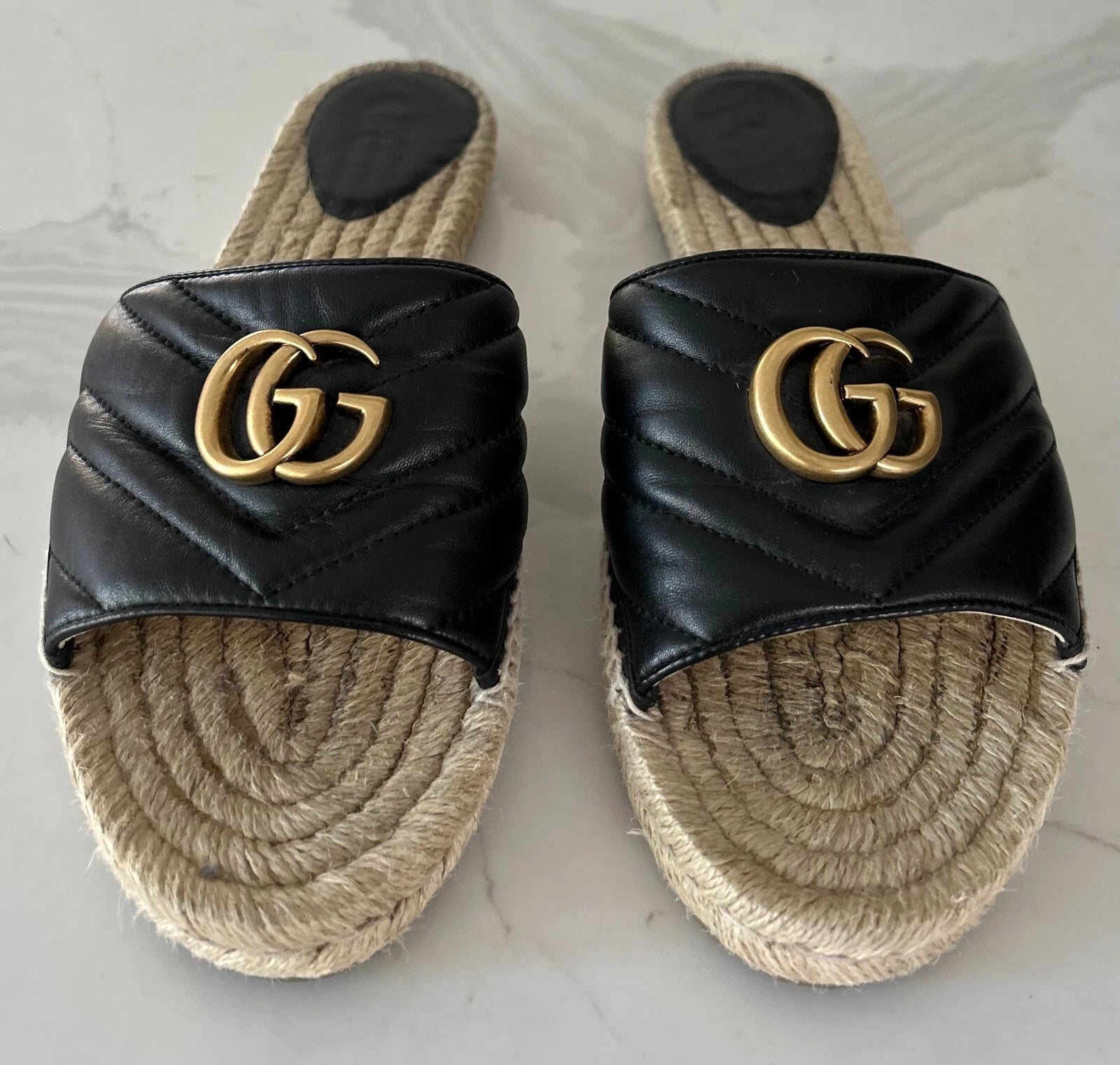 🖤 GUCCI Black Nappa Matelasse Gold GG Marmont Espadrille Slide Sandals 10 US 41