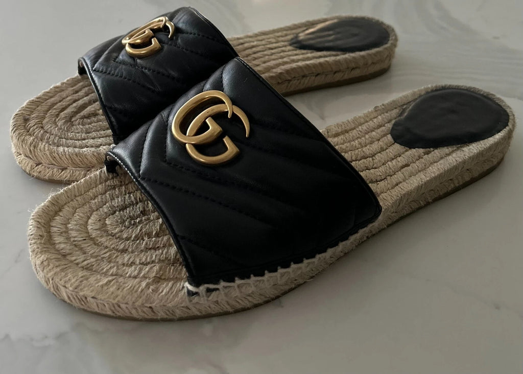 🖤 GUCCI Black Nappa Matelasse Gold GG Marmont Espadrille Slide Sandals 10 US 41