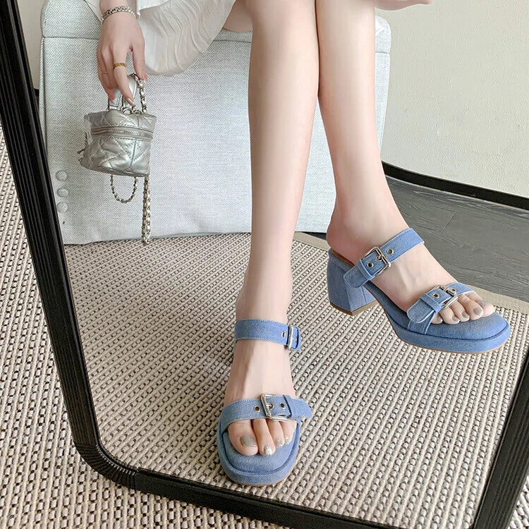 Women's Fashion Denim Buckle Straps Open Toe Block Heel Sandal Shoes Mules SUNS